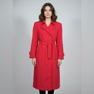 Vtg Ladea Red Trench Coat Double Breasted Belted Shoulder Pads P2P 20-21"